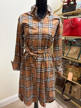 Burberry Tan Plaid Long Sleeve Shirt Dress